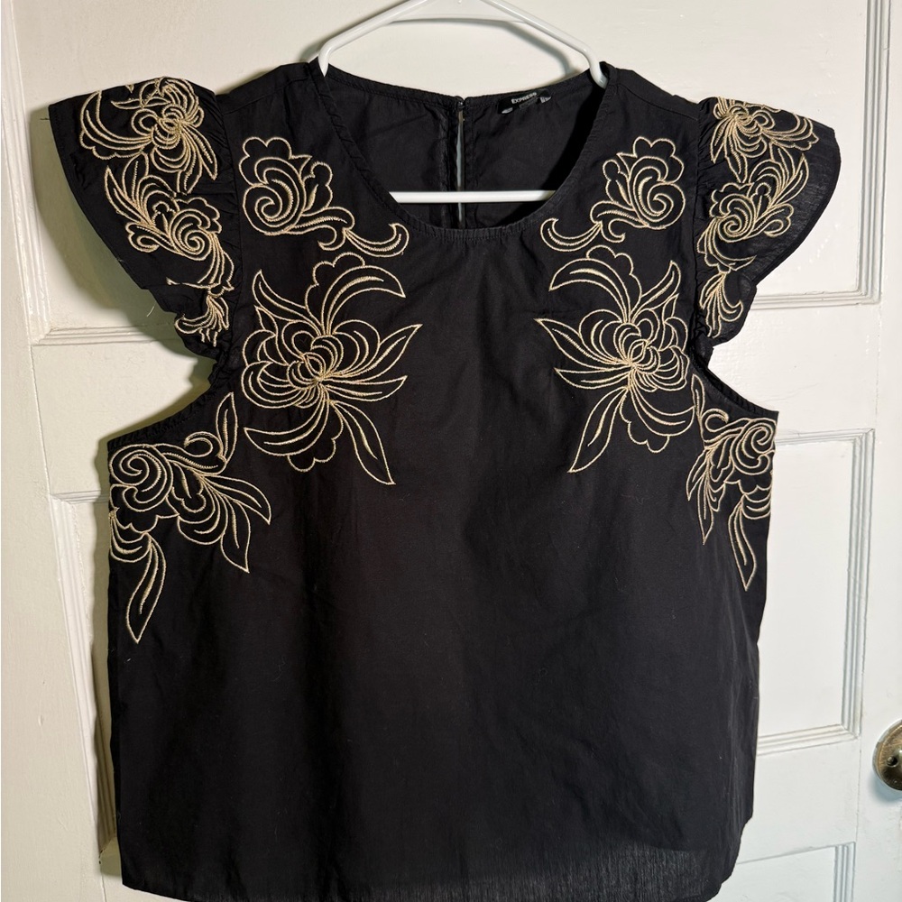 Express Black Top with Gold Floral Embroidery